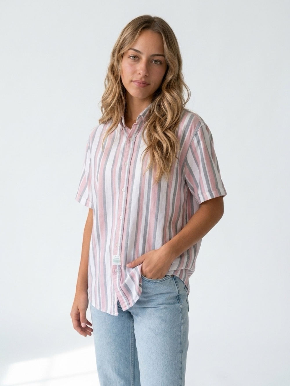 Denim & Flower Women’s Striped Short Sleeve Button-Up Shirt Size L